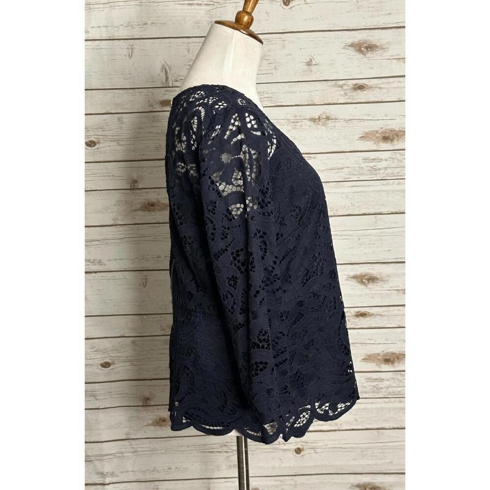 Nanette Lepore navy blue V-neck 3/4 length sleeve floral lace top/blouse Size L - Picture 5 of 8